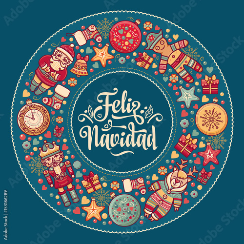 Feliz navidad. Xmas card on Spanish language. Warm wishes for happy holidays 