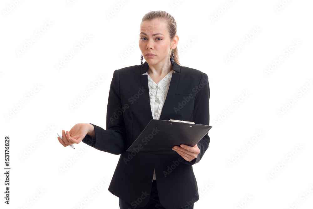 beautiful young business Lady in black suit holding a Tablet crinkling face beautiful young business Lady in black suit holding a Tablet crinkling face