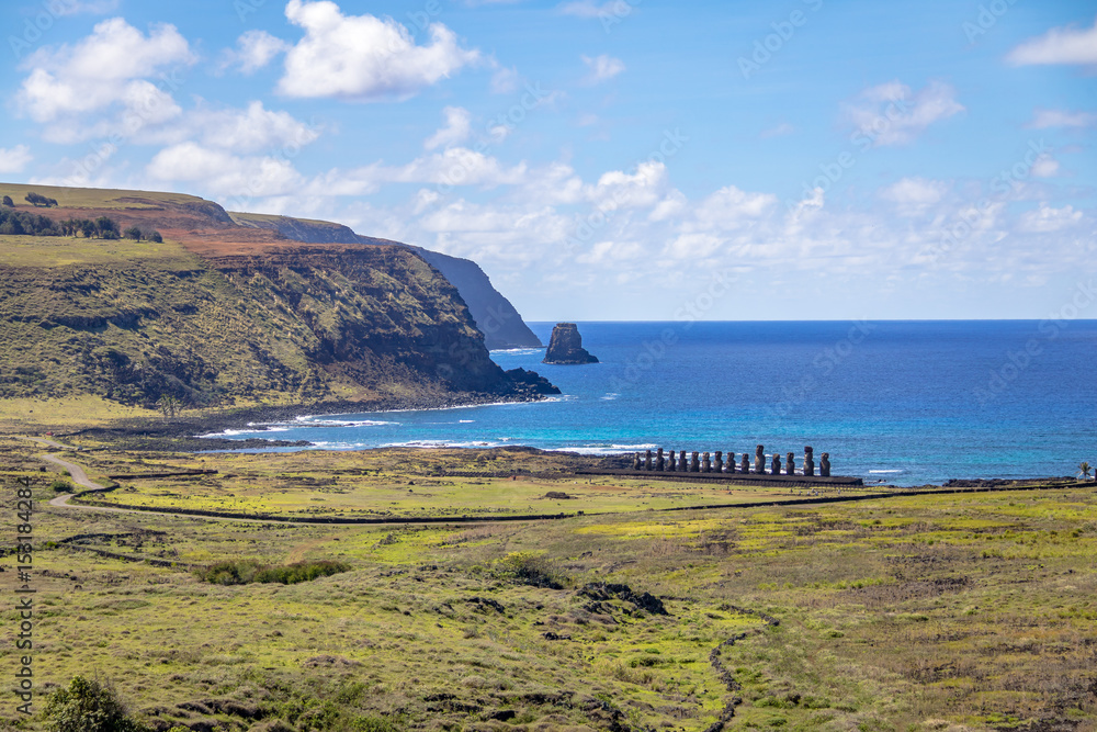 Moai Statues of Ahu Tongariki view from Rano Raraku Volcano - Easter Island, Chile