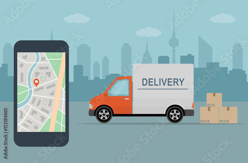 Delivery service app on mobile phone. Delivery van and mobile phone with map on city background. Flat style vector illustration.
