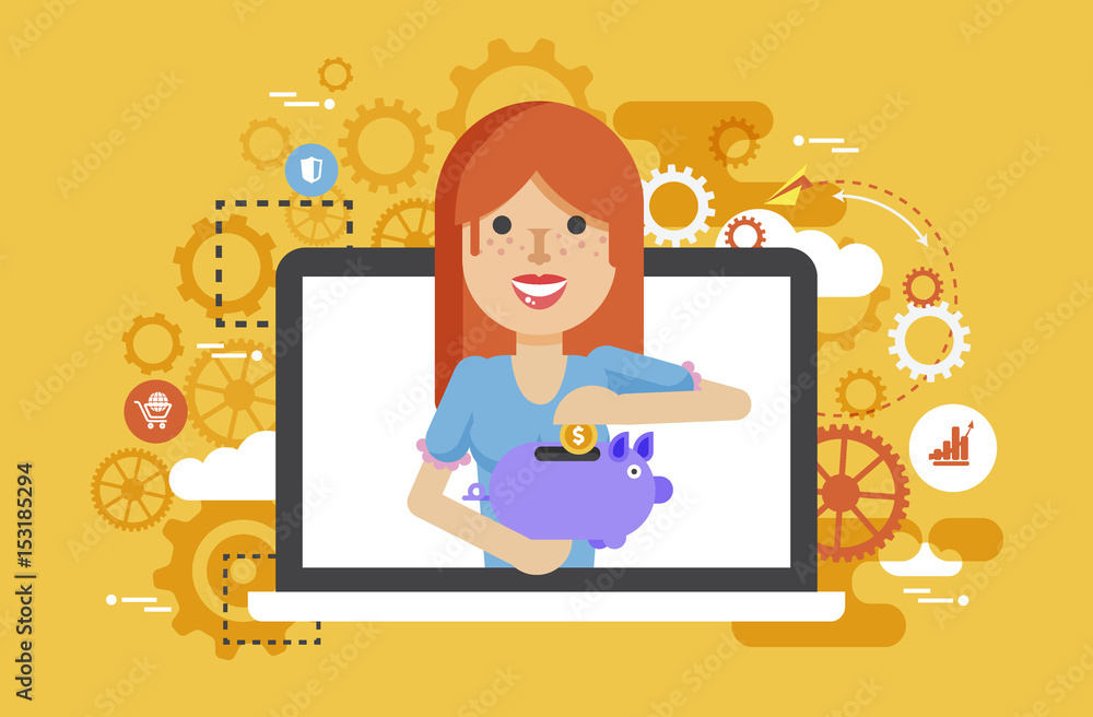 Vector illustration woman piggy bank in hands design element for financial education, banking, deposit, saving, discount, online promotion, marketing, management flat style Vector illustration woman piggy bank in hands design element for financial education, banking, deposit, saving, discount, online promotion, marketing, management flat style