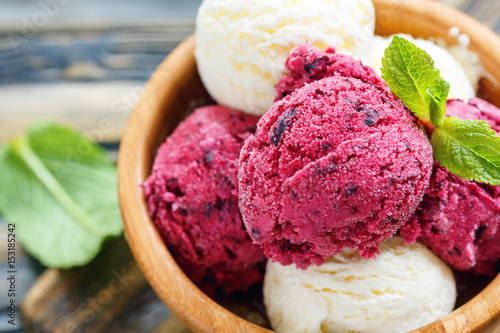 Fotografie, Tablou Balls lemon and berry ice cream in a bowl close up.