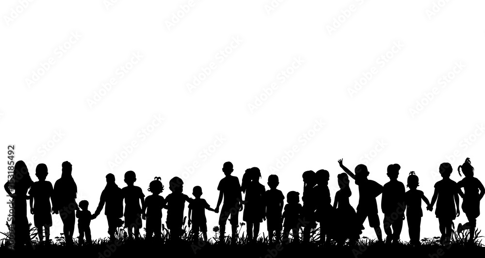 Vector, silhouette of a crowd of children dancing, playing in nature