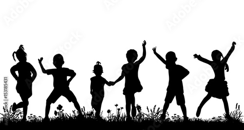 silhouette of a crowd of children dancing, playing in nature