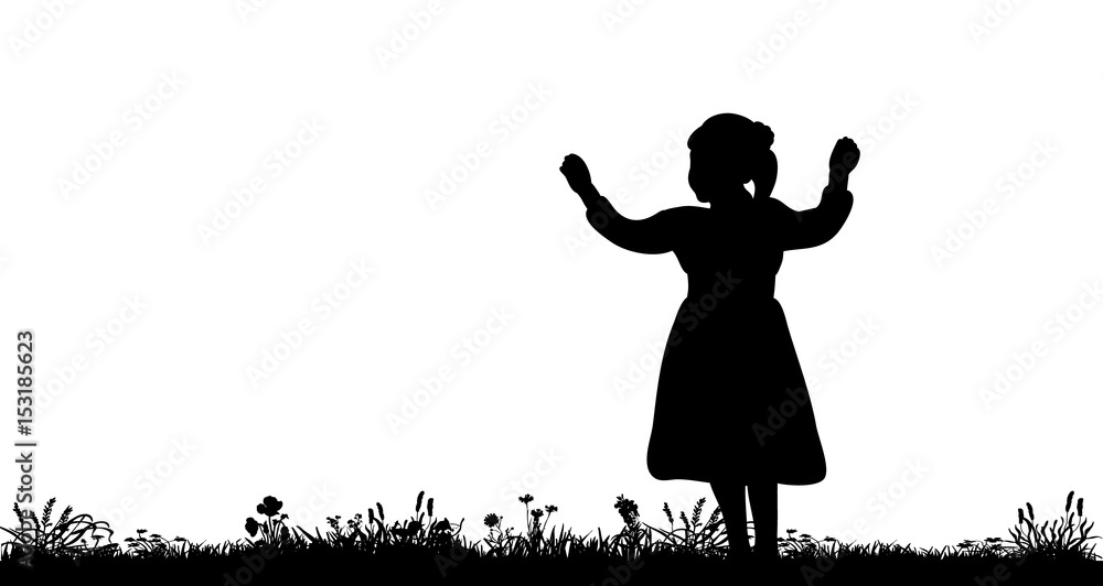 Vector, silhouette little girl walking on nature, joy