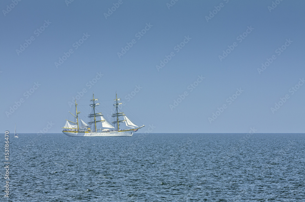 White tall ship sailing off the coast of the Black Sea, Romania. White tall ship sailing off the coast of the Black Sea, Romania.