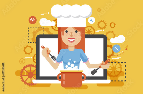 Vector illustration chef cook nutritionist dietician woman HLS cooking training education recipe blog proper and healthy eating lifestyle online TV show nutrition flat style