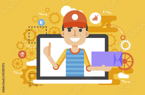 Vector illustration peddler parcels carrier man packaging box in hand thumbs up design element for delivery service business, online order, booking, management flat style