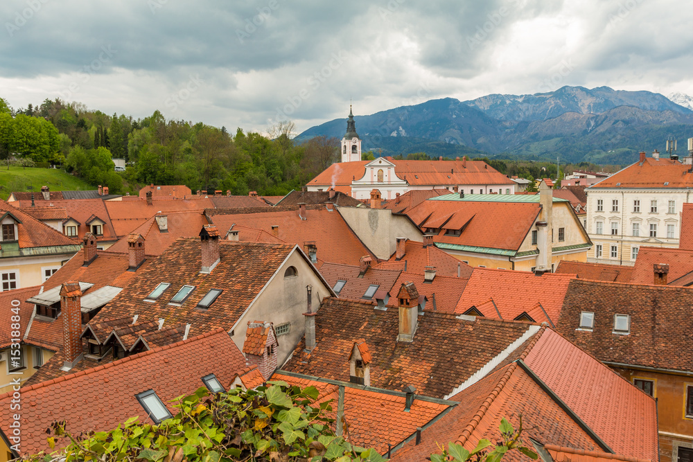 Kamnik city scape, Slovenia.  Alps at the background, spring scenery.
