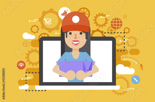 Vector illustration peddler parcels carrier woman packaging box in hand design, element for delivery service business, discount, online order, booking, management flat style
