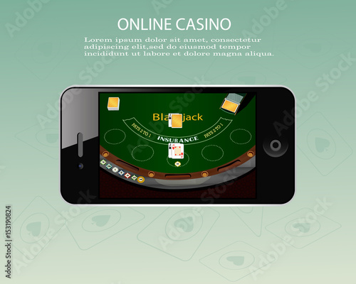 Online casino design poster banner. Tablet with poker chips and cards on table. Casino gambling background, poker mobile app