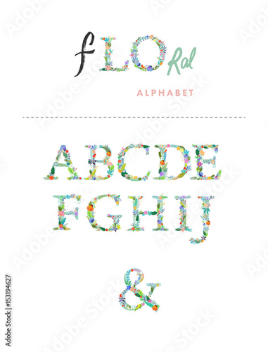 Letters. Bright floral elements of colorful alphabet in vector. Leaves and flowers.
