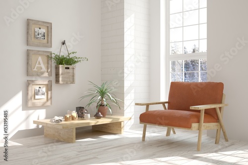 White modern room with armchair. Scandinavian interior design. 3D illustration © AntonSh