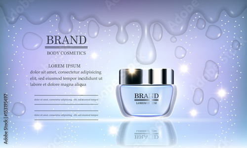 Cosmetics beauty series, premium body cream for skin care on blue background, template for design poster, placard, presentation, banner,  leaflet, vector illustration.