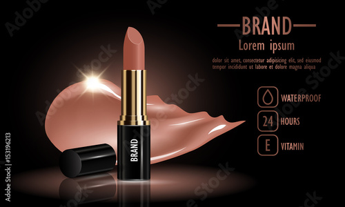 Cosmetics  luxury female lipstick cream and liquid smear for makeup on black background,  template for a poster, banner, logo,  leaflet, realistic mockup, vector illustration.