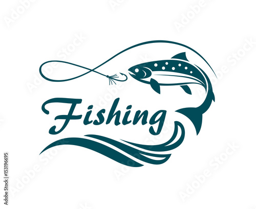 salmon fishing emblem with waves and hook