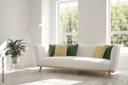 White room with sofa and green landscape in window. Scandinavian interior design. 3D illustration