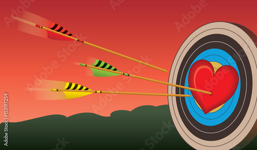 archery arrows in motion flying piercing a heart placed on target with a red sky background