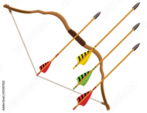archery bow and set of four arrows angled up isolated on a white background