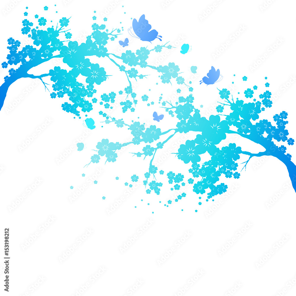 blue silhouete,flowers tree , on a white blue silhouete,flowers tree , on a white