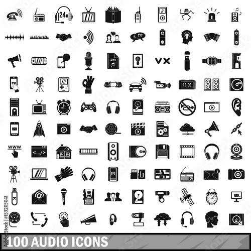 100 audio icons set, simple style 