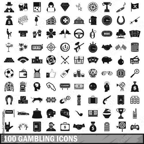 100 gambling icons set, simple style 