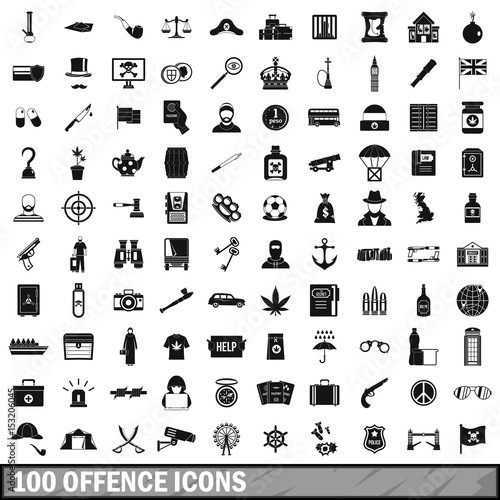 100 offence icons set, simple style 