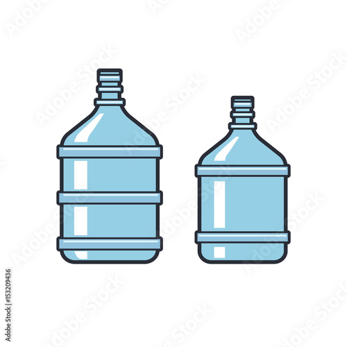 Big bottles with clean water. Flat icons. Plastic container for the cooler. Isolated on white background. Vector illustration.