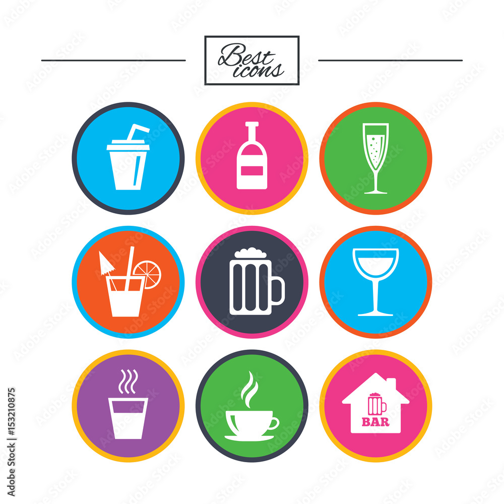 Coffee, tea icons. Alcohol drinks signs. Coffee, tea icons. Alcohol drinks signs.