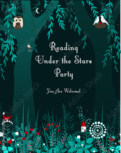 Tourism or night social event forest vertical banner. Background with night doodle flowers, trees, moon, and stars