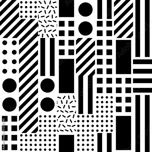 Decorative geometric shapes tiling. Monochrome irregular pattern. Abstract black and white background. Artistic ornamental lattice