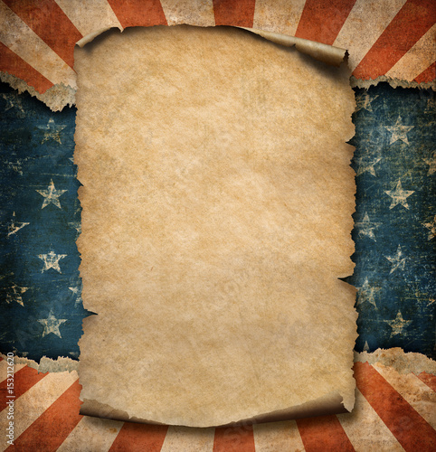 Grunge blank paper parchment or declaration over USA flag independence day template 3d illustration photo