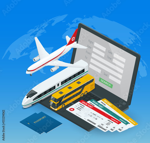 Online purchase or booking of tickets for an airplane, bus or train. Travel around the world and countries. Recreation and entertainment. Business trip. Vector isometric illustration