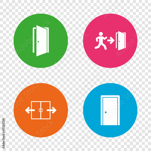 Doors signs. Emergency exit with arrow symbol.