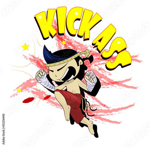 Fun cartoon thai boxer kicking.