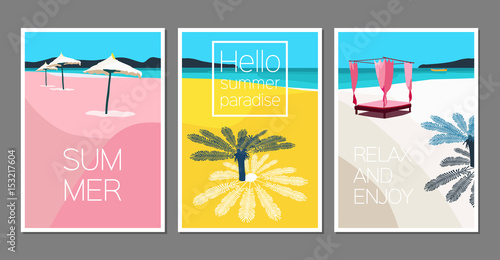 Vector set of summer cards. Holidays poster. Scene with palm tree, sea, sun umbrella, boat, island, beach chair.