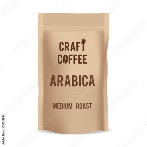 Brown paper food bag package of craft coffee. Realistic vector mockup template. Vector packaging design.