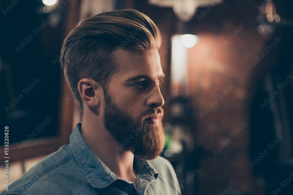 Barbershop concept. Profile side portrait of attractive severe brutal red  bearded young guy. He has a perfect hairstyle, modern stylish haircut Stock  Photo | Adobe Stock