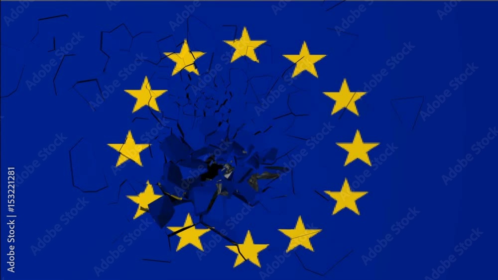 EU Flag is punched through with force Transition EU Flag is punched through with force Transition