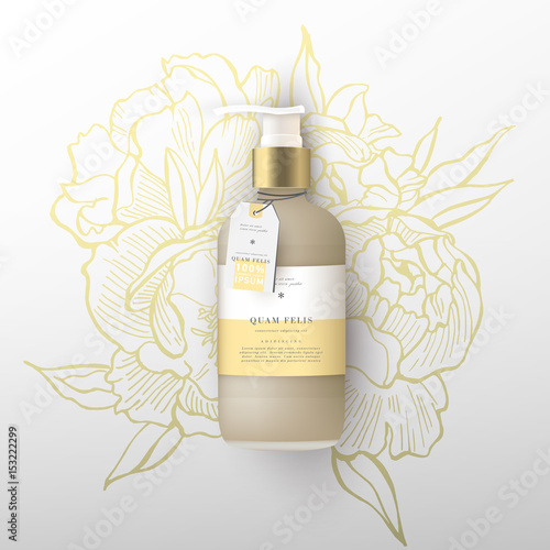 Realistic beige bottle of liquid soap. Flowers peonies background