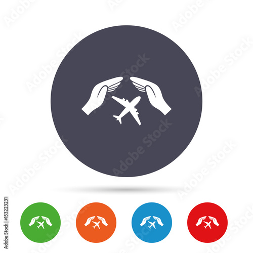 Flight insurance sign. Hands protect cover plane.