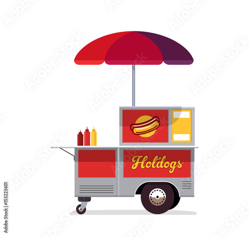 Hot dog street cart. Fast food stand vendor service. Kiosk seller business. Flat style. Vector illustration.