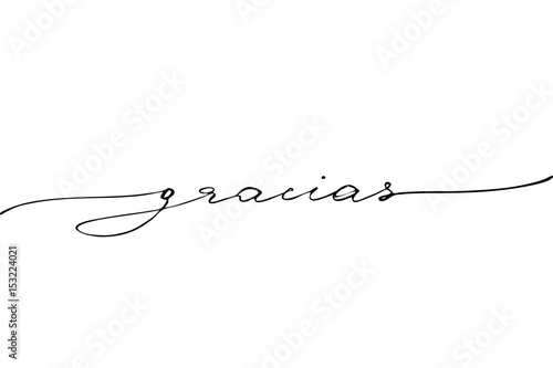 Thank you in Spanish. Handwritten black text isolated on white background, vector. photo
