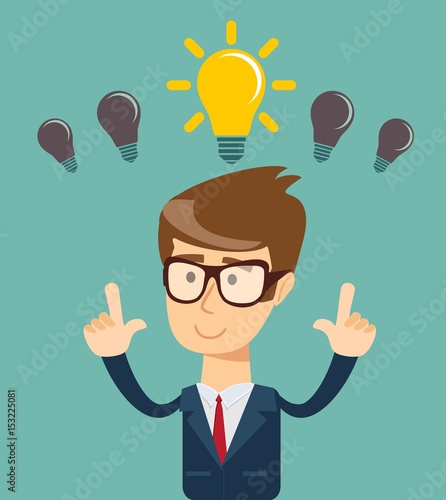 Business person having an bright idea light bulb concept. Stock vector illustration for poster, greeting card, website, ad, business presentation, advertisement design.