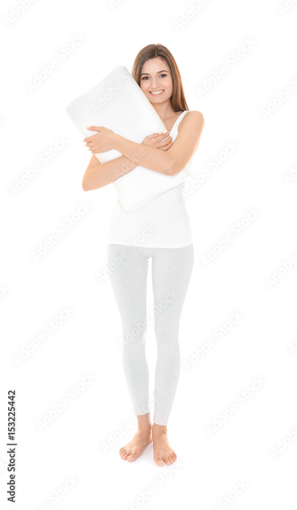 Young beautiful woman with orthopedic pillow on white background. Healthy posture concept Young beautiful woman with orthopedic pillow on white background. Healthy posture concept