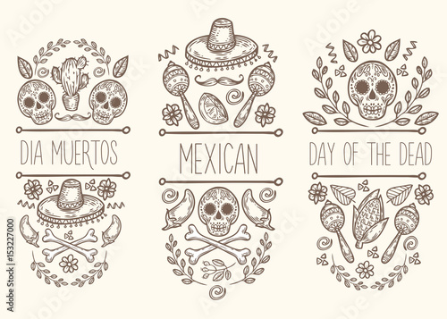 Mexican sketch doodle collection, vector hand drawn label elements. Skull, sugar skull, sombrero, chili, cactus, lime, lemon, moustaches, bones. Native traditional attributes.