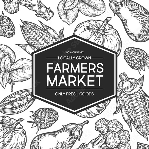 Farmers market shop organic food vector hand drawn template packaging food, label, banner, poster, identity, branding. Stylish design with sketch illustration of farmer market. Local organic food shop