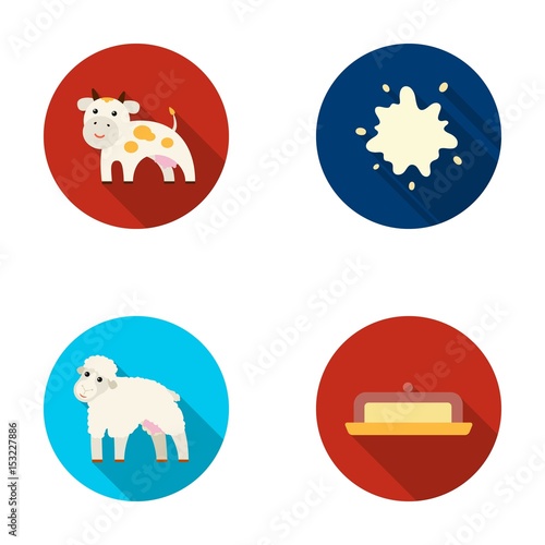 Cow, sheep, a drop of milk, butter. Milk set collection icons in flat style vector symbol stock illustration web.