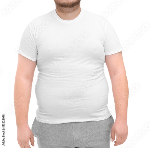 Fat man on white background. Weight loss concept