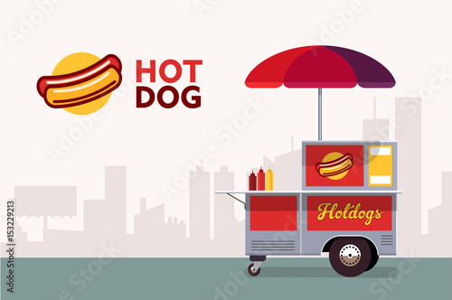 Hot dog street cart. Fast food stand vendor service. Kiosk seller business. Flat banner. Vector illustration.
